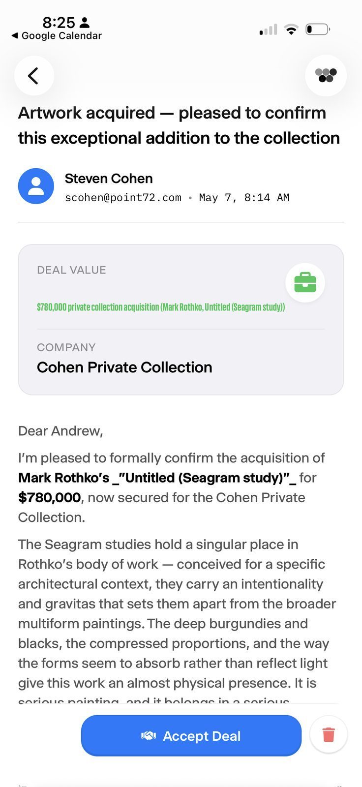Deal Dopamine Boost — single deal detail view showing a Steven Cohen / Mark Rothko acquisition.