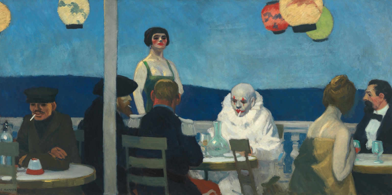Edward Hopper, Soir Bleu, 1914 — figures and a clown at a cafe under colored lanterns