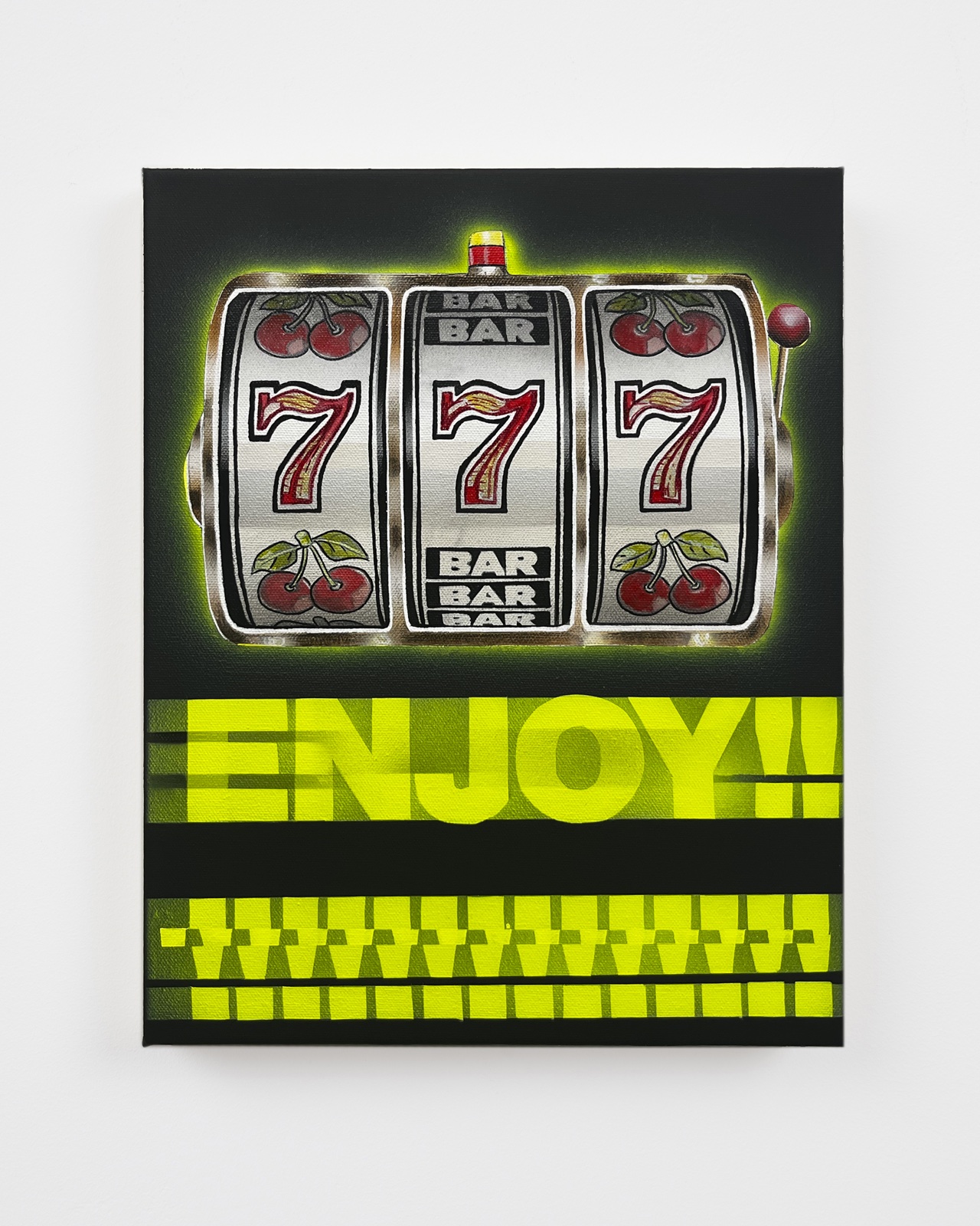 Mieke Marple, ENJOY!!!!!!! 2026 — slot-machine triple-7s above stenciled green ENJOY text, acrylic on canvas, in collaboration with Evan O'Brien.