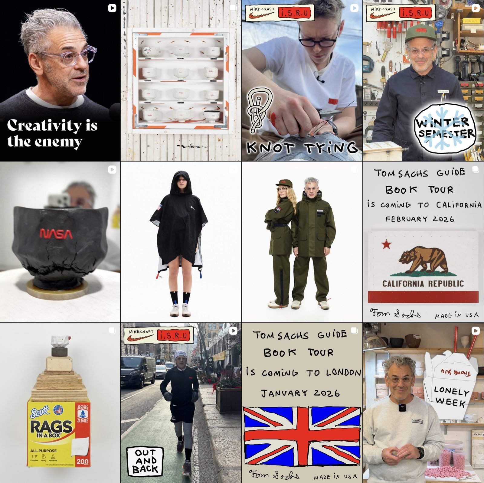 A grid of Tom Sachs Instagram posts — Creativity is the enemy, Knot Tying, Winter Semester, NASA crate, Tom Sachs Guide Book Tour California and London, Out and Back, Lonely Week.