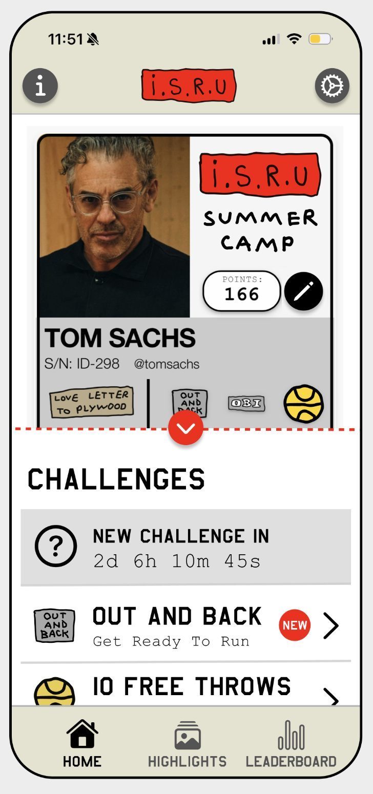 Screenshot of the ISRU app showing Tom Sachs's user profile, SUMMER CAMP membership card, and the day's challenges.